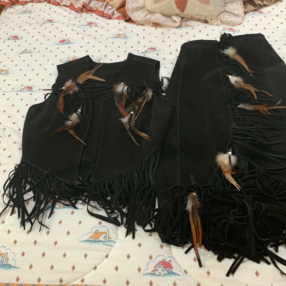 2 Piece Suede Fringed Vest and long Wraparound Skirt